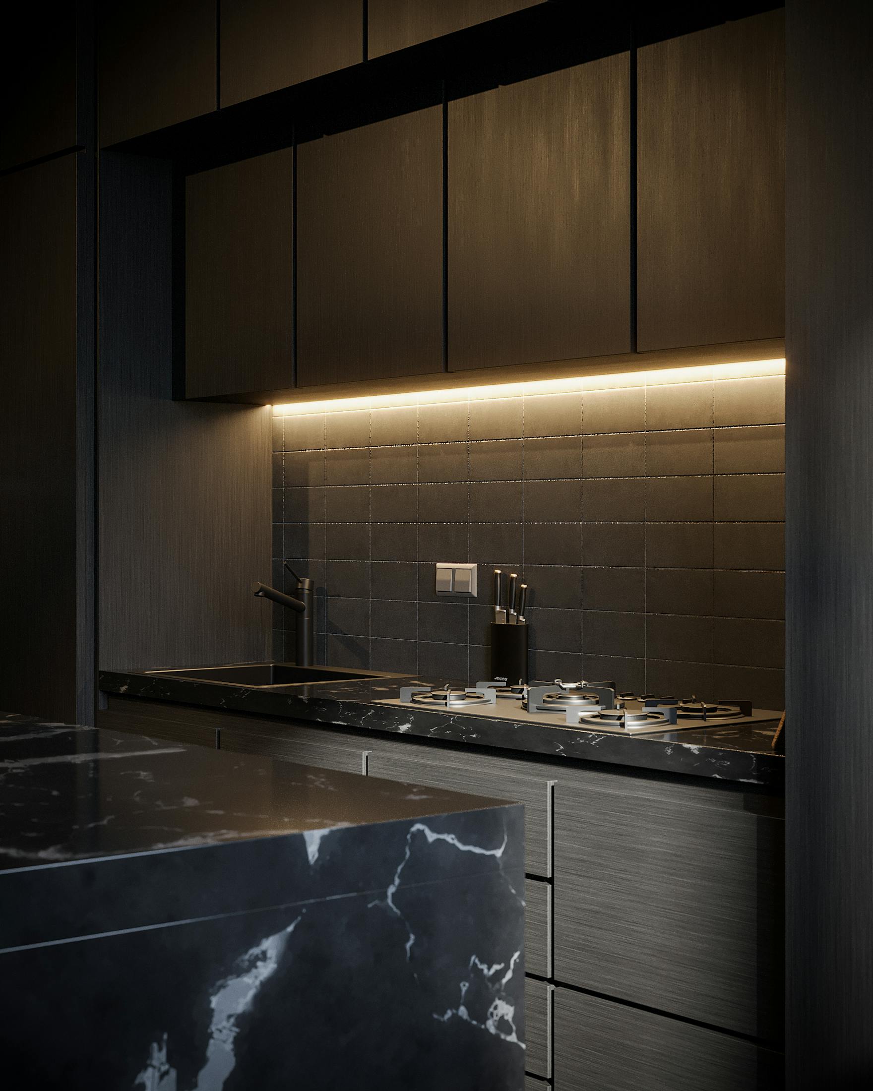 A sleek modern dark kitchen