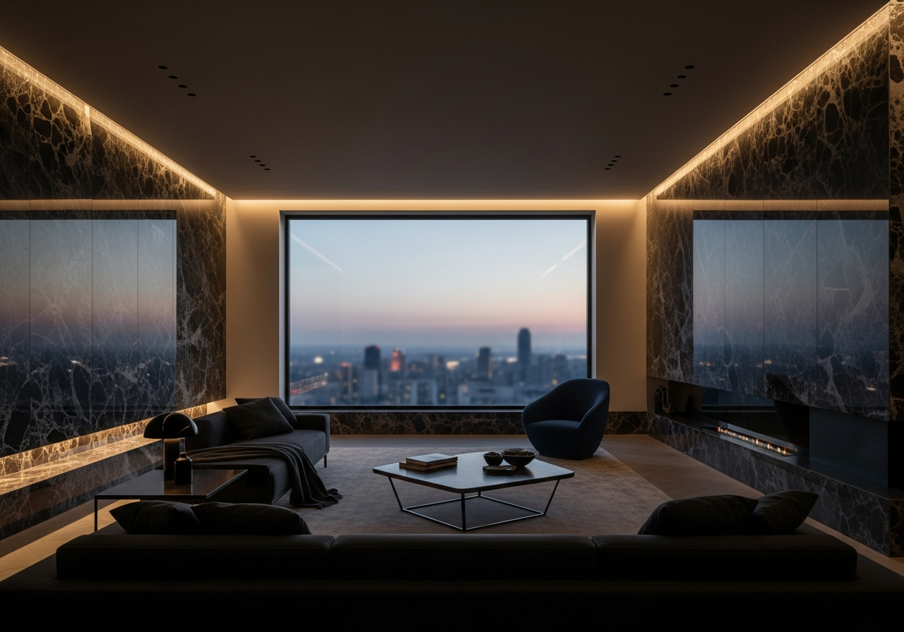Luxury living room at twilight